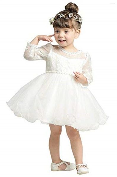 Robes de fille robe à fleurs blanc moelleux Tulle dentelle Style court à manches longues mariage mignon enfant première fête de bal eucharistique