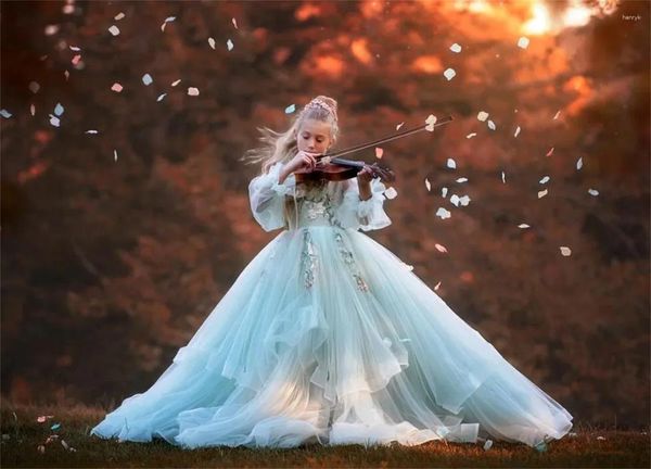 Robes de fille robe à fleurs blanc moelleux Tulle dentelle décalcomanie mariage élégant litière enfant premier eucharistique fête de bal d'anniversaire