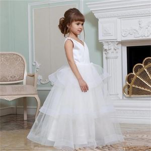 Robes de fille robe à fleurs blanc couches moelleux Tulle col en v mariage Simple enfant première princesse eucharistie fête d'anniversaire