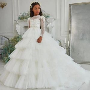 Robes de fille robe à fleurs blanc couches moelleux Tulle dentelle nœud de mariage élégant enfant anniversaire Communion célébration fête