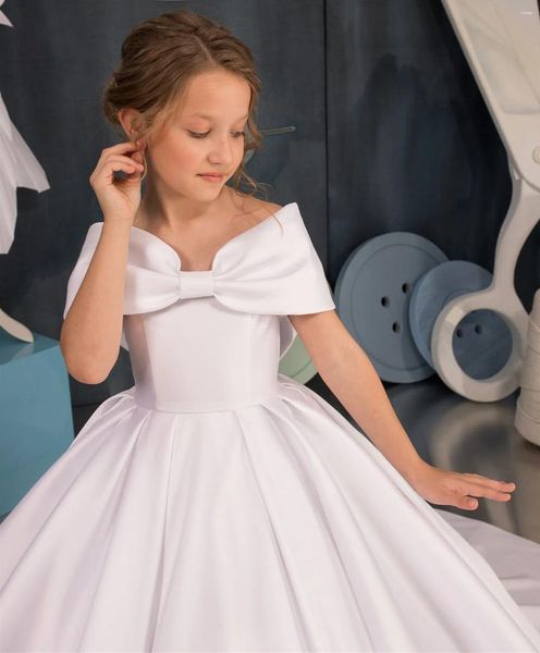 Vestidos de Niña Vestido de Flores Lazo de Satén Blanco Hombros Descubiertos Sin Mangas Boda Elegante Fiesta de Cumpleaños de Comunión Infantil