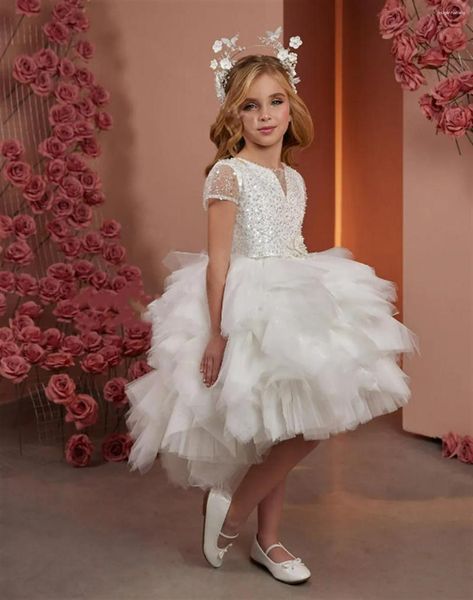 Vestidos de niña Vestido de flores Falda de tul en capas brillante blanca Boda Elegante Primera fiesta de cumpleaños eucarística del niño