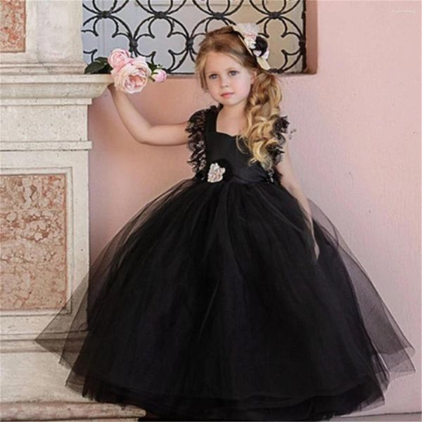 Vestidos de niña de flores elegantes, tul esponjoso negro sin mangas para boda, vestido de fiesta de cumpleaños de primera comunión con cuello cuadrado de princesa