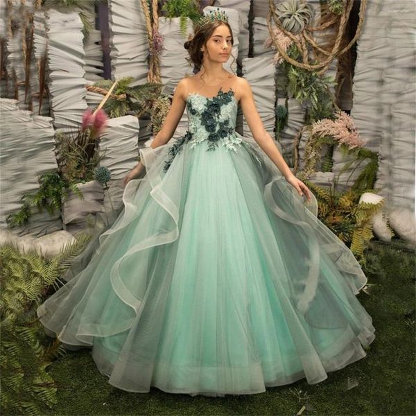 Vestidos de niña flor elegante verde menta sin mangas volantes de tul para boda princesa Apliques de encaje vestidos de fiesta de primera comunión