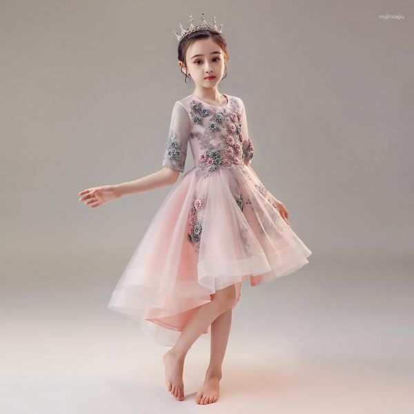 Robes de fille fleur filles appliques cristal broderie paillettes col rond rose robe de princesse robe de bal en tulle à plusieurs niveaux longueur genou D183