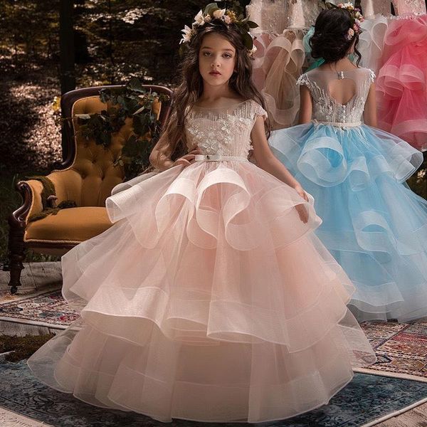 Fille Robes Fleur Filles Robe Point Perles Applique Dentelle Hébergé Performance Anniversaire Costume Demoiselle D'honneur Fête Princesse Enfants Communion