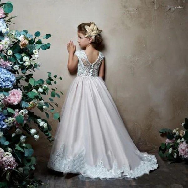 Vestidos de niña para niñas de flores para bodas Vintage joya cuello faja red de encaje vestidos de fiesta de cumpleaños para bebés niños primera comunión