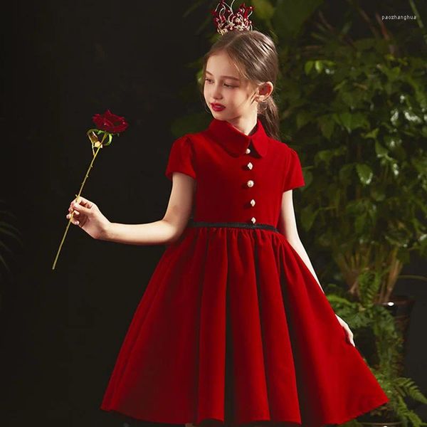 Vestidos de niña Niñas de flores Cuello de polo Niño Borgoña Desfile de Navidad Manga corta larga Vestido de fiesta para niños pequeños