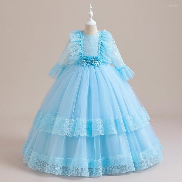 Abiti da ragazza Flower Girls Prom Abito da sposa Appliques in pizzo Ruffle Tulle Layered Princess Kids Bow Ball Gown per la festa di compleanno