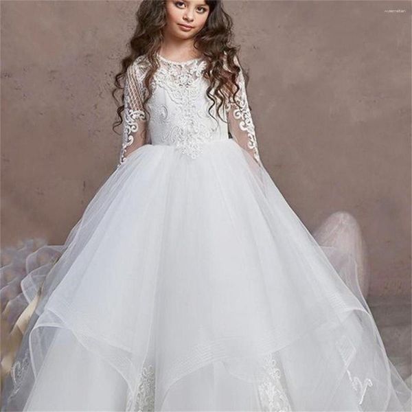 Robes de fille fleur filles blanc moelleux Tulle dentelle appliques à manches longues mariage élégant enfant première Communion robes robe de soirée