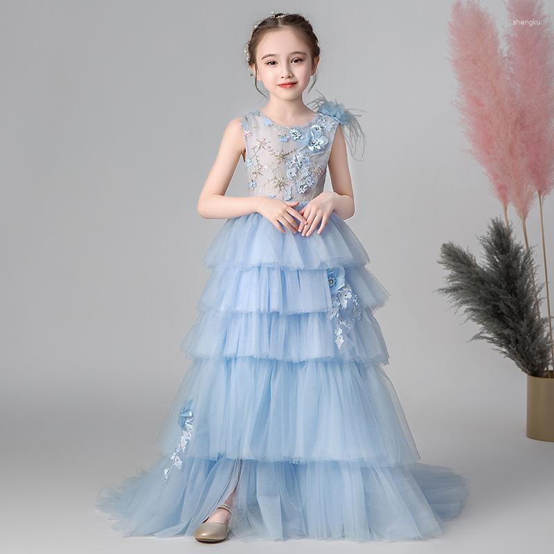 Kız Elbiseler Çiçek İllüzyon O boyun kolu aplikeler Kristal Nakış Prenses Tül Dantel Sky Mavisi Çocuk Parti Elbisesi H660