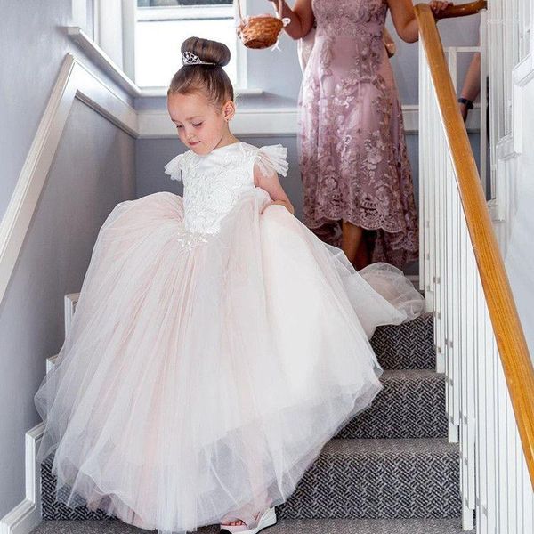 Vestidos de niña Apliques de encaje de flores Tul Chanmapgne Sin mangas Invitado de boda Para 0-16 años Niños Longitud del piso Una línea Vestido de fiesta