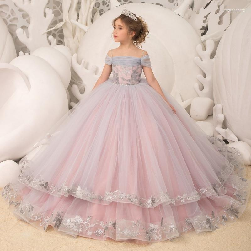 Kız Elbiseler Çiçek Işık Mor Tül Puffy Desenli aplikeler ile Düğün Doğum Günü Ziyafet Prenses Gowns