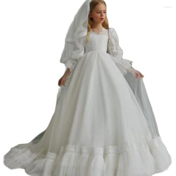 Fille Robes Fleur Manches Longues Couches Tulle Petite Princesse Anniversaire Sur Mesure Première Communion Robe