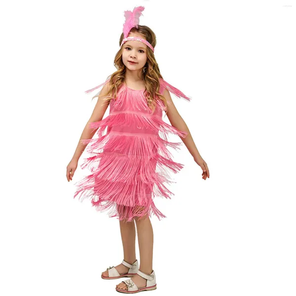 Robes de fille fleur tenue filles robe de clapet se paillettes de danse latin tassel tassel costume de salle de bal avec plume