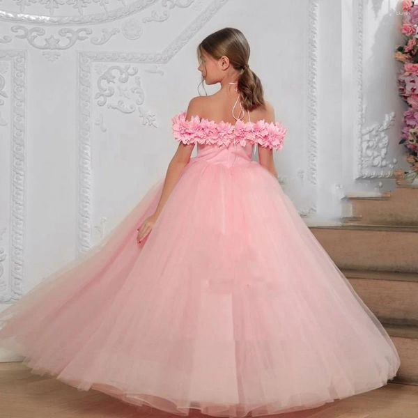 Robes à fleurs roses pour filles, col plat, pour anniversaire, fête de première Communion, Tulle doux, personnalisé, mariage, 2023