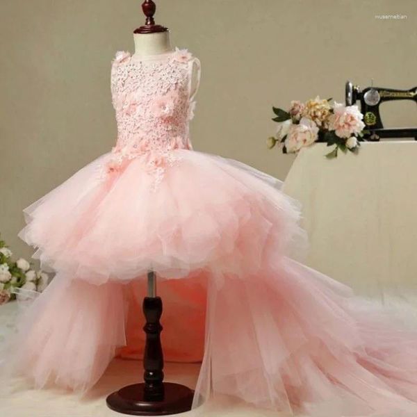 Vestidos de niña Flor Rosa Tul Apliques hinchados Flores 3D con falda desmontable para boda Cumpleaños Pageant Vestidos de princesa