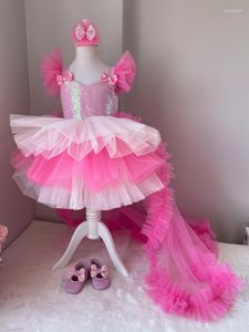 Vestidos de niña Flower Pink White Sequin Bowning con cola sin mangas para la fiesta de cumpleaños de la boda Banquet Princess Vestidos