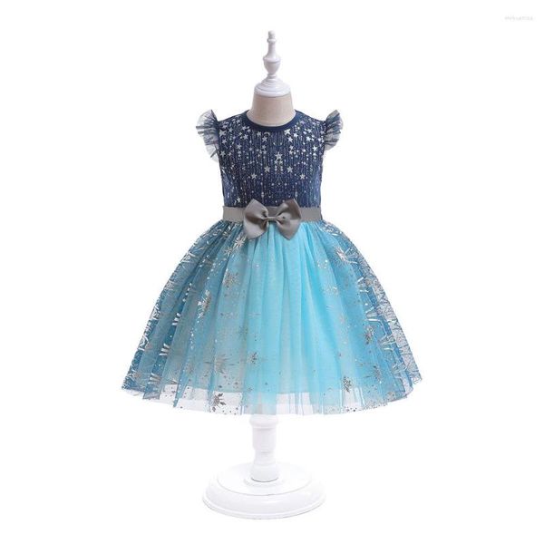 Fille Robes Fleur Princesse Robe Bleue Pour Les Filles D'été Cap Manches Brillant Parti Tutu Cosplay Costume Enfants Enfants 4-8 Ans Vêtements Décontractés