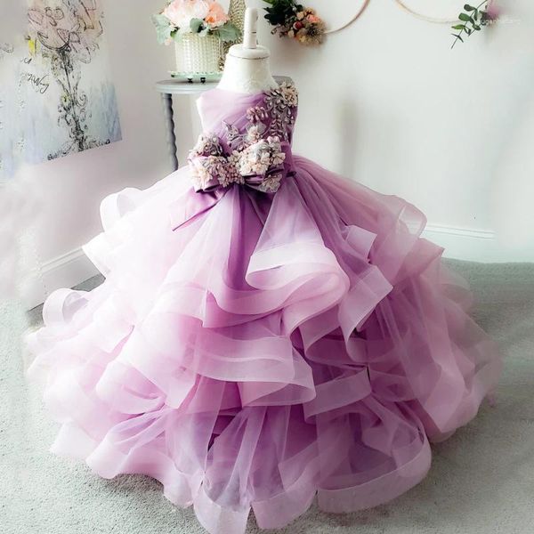 Robes de fille fleur violet gonflé à plusieurs niveaux Appliques avec grand nœud pour fête d'anniversaire de mariage Banquet robes de princesse