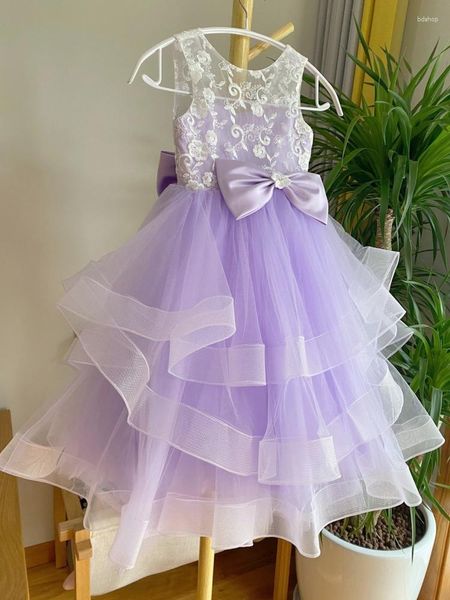 Robes de fille fleur violet Tulle Appliques à plusieurs niveaux avec nœud sans manches pour mariage fête d'anniversaire Banquet robes de princesse