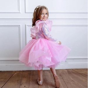 Robes à paillettes florales pour filles, jolies robes de soirée de mariage rose en Tulle doux, Tutu de danse, manches longues, 2023