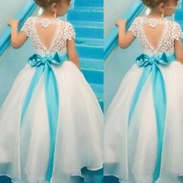 Meisje Jurken Bloem Korte Mouw Vlinder Applique Verkiezing Voor Kinderen Eerste Communie Kleding Prom Gown Hand Made Custom