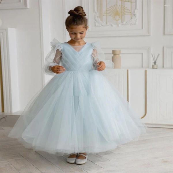 Robes d'été à fleurs pour filles, bleu clair, manches longues, robe de mariage élégante, tenue de fête d'anniversaire eucharistique pour enfants, cadeau