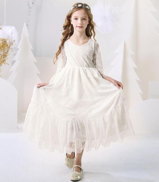 Vestidos de niña flor beige blanco manga larga tul de verano Communion Communion Fiesta de cumpleaños para niños