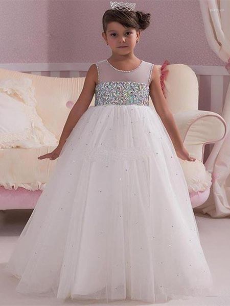 Robes de fille fleur dentelle blanche sans manches perles Tulle Applique concours pour les filles première sainte Communion enfants bal