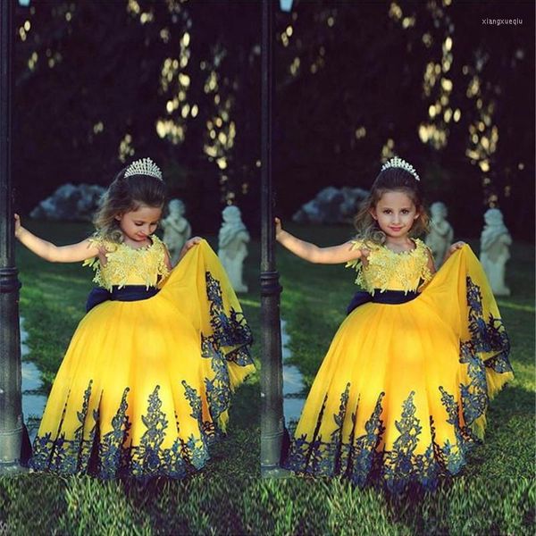 Fille Robes Fleur Avec Dentelle Applique Jaune Et Bleu Foncé Robe De Bal Robe De Première Communion Pour Les Filles