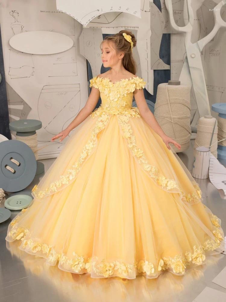 Sukienki dla dziewcząt Kwiat żółty tiul Puffy 3D płatek z krótkim rękawem na ślub na przyjęcie urodzinowe Pierwsza suknia komunia