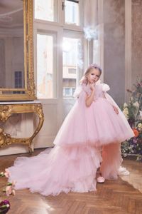 Robes de fille moelleuses enfant rose fleur mariage O cou Tulle fête anniversaire concours spectacle de noël avec Train détachable