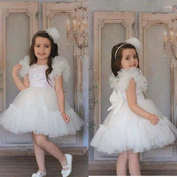 Robes de fille Robe à fleurs moelleuse anniversaire à manches courtes robe de bal en tulle nœud longueur au genou enfants brillant première communion dentelle princesse