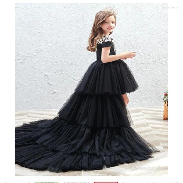 Robes de fille moelleuses robe à fleurs enfants princesse dentelle thé longueur mariage pli Applique Tulle manches courtes bal noir haut/bas