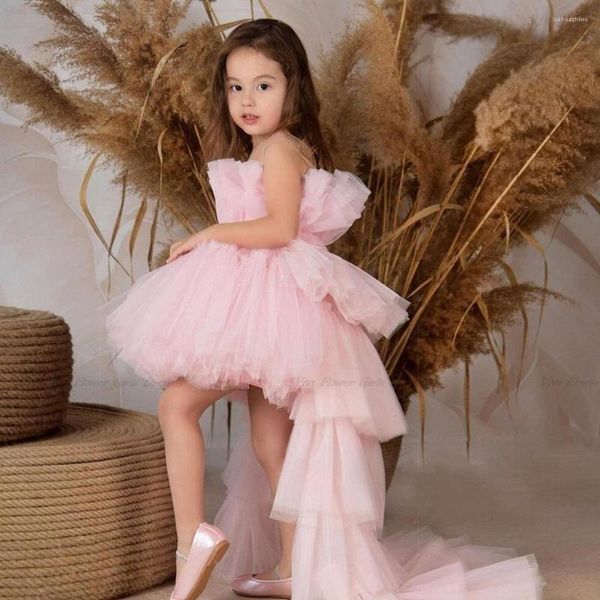 Robes pour filles, rose pelucheux, haut-bas, en Tulle, col transparent, à plusieurs niveaux, longue traîne, robe de fête d'anniversaire, robe de noël, photographie, 2023