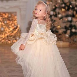 Robes de fille moelleuses robe à fleurs scintillantes en dentelle perlée à manches longues mariage mignon première fête d'anniversaire eucharistique de l'enfant