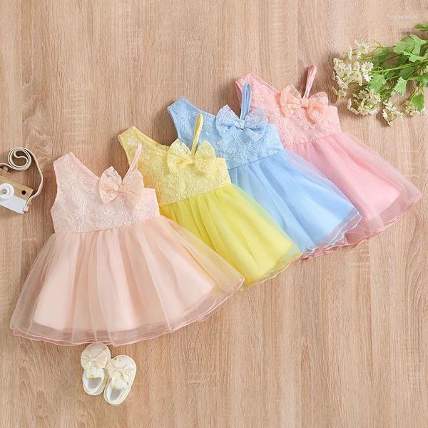 FOCUSNORM 0-3Y belle bébé filles robe d'été une épaule sans manches fleurs broderie dentelle Patchwork Tutu robe d'été avec arc