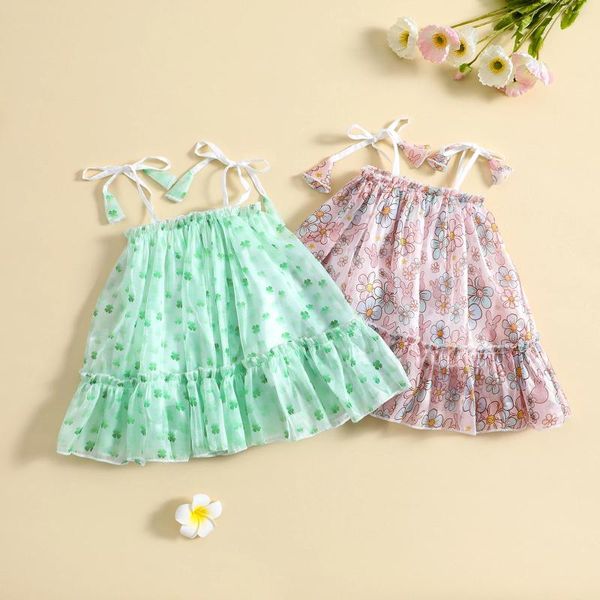 Vestidos de niña FOCUSNORM 0-3Y princesa bebé niñas vestido de verano correa sin mangas con cordones/trébol impreso vestido tutú de red