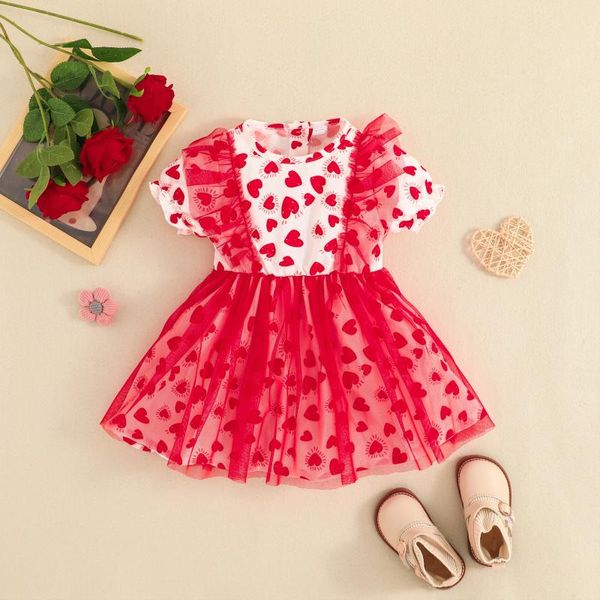 Vestidos de niña FOCUSNORM 0-3Y Día de San Valentín Vestido dulce para niños pequeños Estampado de corazones Manga corta Malla Patchwork Línea A