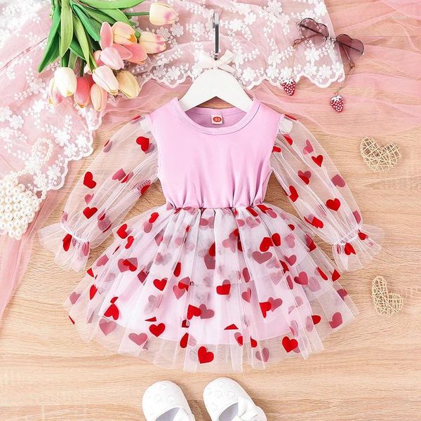 Robes de fille focus NORM 0-4Y enfants filles robe douce à manches longues bouffantes coeur imprimé maille Tulle couches saint valentin