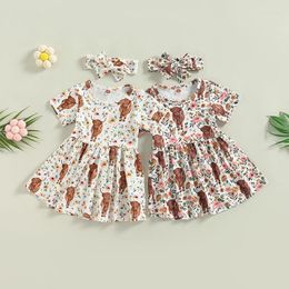 Vestidos para niñas FOCUSNORM 0-4 años, vestido de verano para niñas pequeñas, 2 uds., conjunto de diadema de corte A con estampado Floral de vaca de manga corta