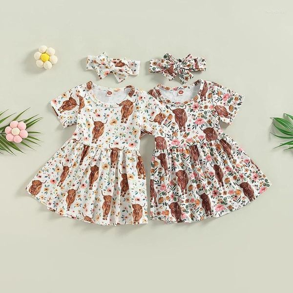 FOCUSNORM – robe d'été pour filles de 0 à 4 ans, 2 pièces, manches courtes, imprimé Floral de vache, ensemble bandeau trapèze