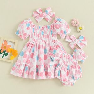 Meisjesjurken FOCUSNORM 0-5Y Peuter Kinderen Kleine Bijpassende Zus Outfits Ruches Korte Pofmouwen Off-shoulder Bloemen Jumpsuits/Jurk