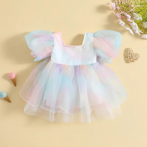 Vestidos de niña FOCUSNORM 1-5Y, vestido de princesa de verano para niñas, tutú de fiesta de tul con estampado de arcoíris y manga abombada