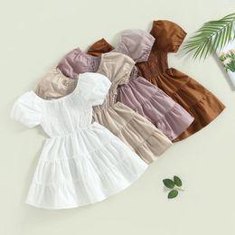 Vestidos de niña FOCUSNORM 1-5Y, vestido encantador de manga corta con hombros descubiertos, vestido de princesa liso con volantes y cintura alta