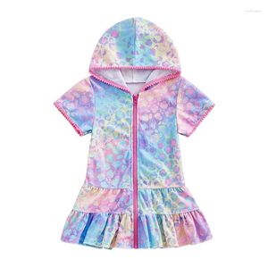 Robes de fille FOCUSNORM 2-10Y Toddler Kids Girls Maillots de bain d'été Cover Up Short Sleeve Leopard Print Zipper Hooded Beachwear Dress