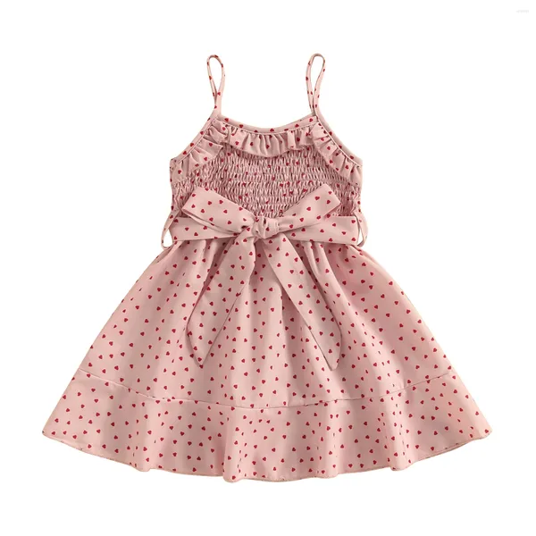 Robes d'été pour filles de 2 à 7 ans, robe à bretelles douce, sans manches, à volants, imprimé cœur, ligne a avec ceinture