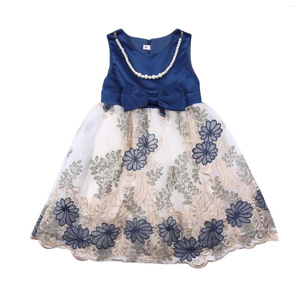 Vestidos de niña FOCUSNORM 2-9Y, vestido de fiesta de verano para niñas pequeñas, vestido de baile bordado con flores, malla con lazo y collar extraíble