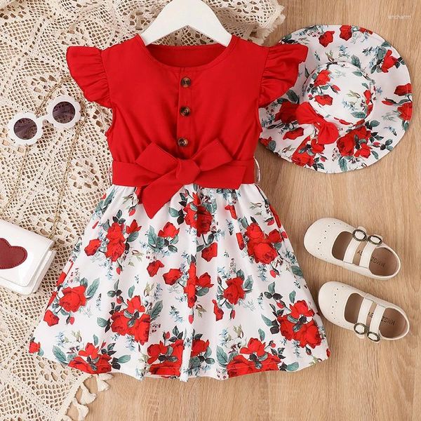 Vestidos de niña focusnorm 2pcs para niños vestidos florales volantes volantes volantes flores estampadas a una línea de sol de la línea para niños pequeños